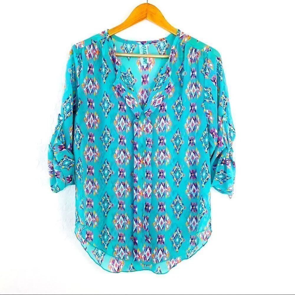 Dina Be teal and pink southwest semi sheer top